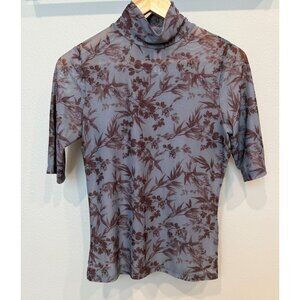 Anthropologie Women's Pullover Floral Short Sleeve Blouse Small Mock Neck Sheer